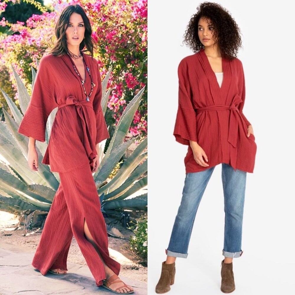 Johnny Was Calme Double Cotton Gauze Kimono Rust Red Robe XS S NEW